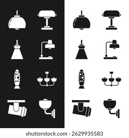 Set Tischlampe, Lampe hängen, Kronleuchter, Boden, Wandleuchte und LED-Track-Lampen-Symbol. Vektorgrafik
