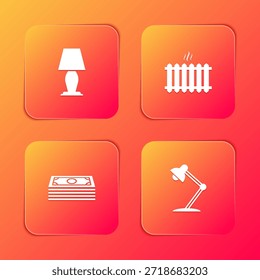 Set Tischlampe, Heizkörper, Stapel Papiergeld und Symbol. Vektorgrafik