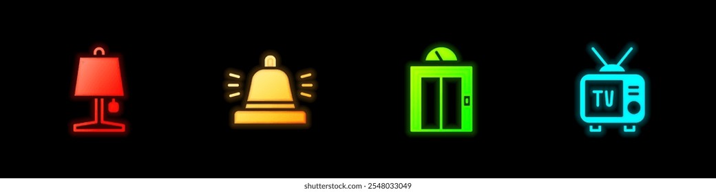 Lámpara de mesa, campana de servicio del hotel, ascensor e icono de tv retro. Vector