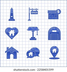Set Table lamp, House building in speech bubble, Map pointer with house, Warehouse, heart shape, dollar symbol and Washington monument icon. Vector