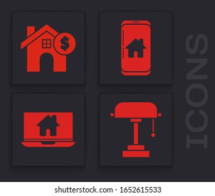 Set Table lamp, House with dollar symbol, Mobile phone with smart home and Laptop and smart home icon. Vector