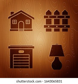 Set Table lamp, House, Garage and Garden fence wooden on wooden background. Vector