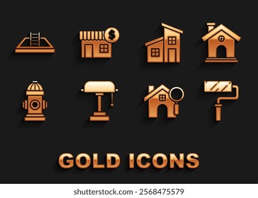 Set Table lamp, House, Paint roller brush, Search house, Fire hydrant, Swimming pool with ladder and dollar symbol icon. Vector