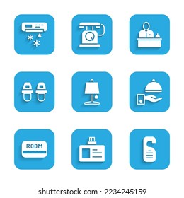 Set Table lamp, Identification badge, Please do not disturb, Covered with tray, Hotel key card, slippers, reception desk and Air conditioner icon. Vector