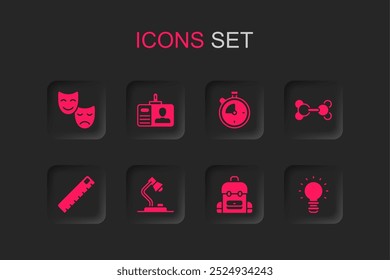 Set Table lamp, Identification badge, Comedy and tragedy masks, School backpack, Molecule, Creative light idea, Stopwatch and Ruler icon. Vector