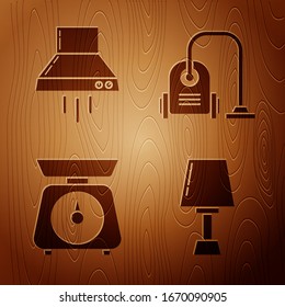 Set Table lamp , Kitchen extractor fan , Scales  and Vacuum cleaner  on wooden background. Vector