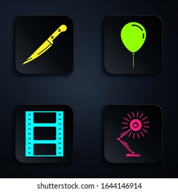 Set Table lamp , Knife , Play Video  and Balloon with ribbon . Black square button. Vector
