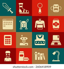 Set Table lamp, Laptop, Energy drink, Magnifying glass, Viking horned helmet, Binary code, Sword for game and Sweater icon. Vector