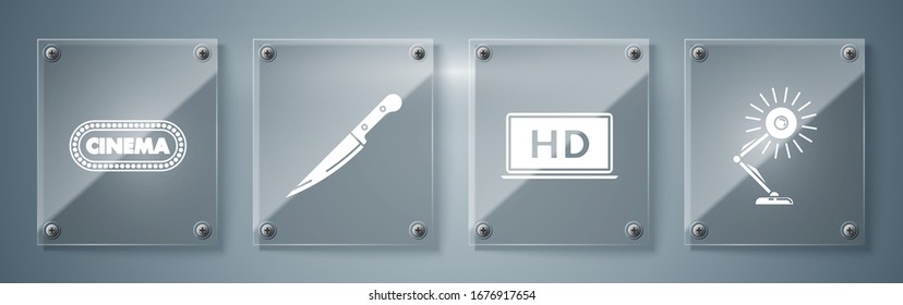 Set Table lamp , Laptop screen with HD video technology , Knife  and Cinema poster design template . Square glass panels. Vector