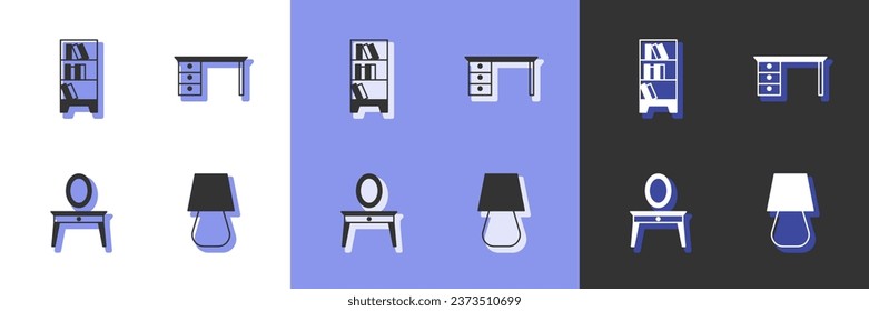 Set Table lamp, Library bookshelf, Dressing table and Office desk icon. Vector