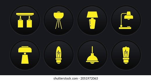 Tabellenlampe, Glühbirne, Lampenaufhängung, Fußbodenbeleuchtung, LED-Spurleuchten und Lampen-Symbol einstellen. Vektorgrafik