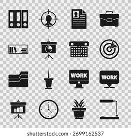 Definir lâmpada da tabela, Local com trabalho de texto, Esporte de destino, Retomar, Diagrama de quadro de giz, Livros de prateleira, Pastas do Office e ícone de calendário. Vetor