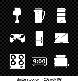 Fijar lámpara de mesa, taza de medida, caldera doble, cocina de gas, reloj despertador digital, tostadora con tostadas, icono Gamepad y refrigerador. Vector