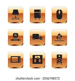 Tischlampe, Mikrowellenofen, Bathroom-Waage, Lieferwagen, Smart-Sensor, Computermaus, Stereo-Lautsprecher und Kühlschrank-Symbol. Vektorgrafik