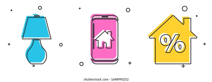 Ajuste lámpara de mesa, teléfono móvil con casa inteligente y casa con un icono de etiqueta de descuento percant. Vector