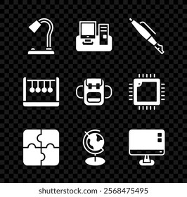 Set Table lamp, Monitor with keyboard, Fountain pen nib, Piece of puzzle, Earth globe, Computer monitor screen, Pendulum and School backpack icon. Vector