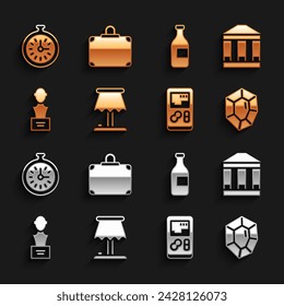 Set Table lamp, Museum building, Gem stone, Portable video game console, Gypsum head sculpture bust, Bottle of wine, Pocket watch and Suitcase icon. Vector