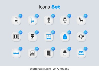 Set Table lamp, Office chair, Chair, Sofa, Big bed, Chandelier,  and Furniture nightstand icon. Vector