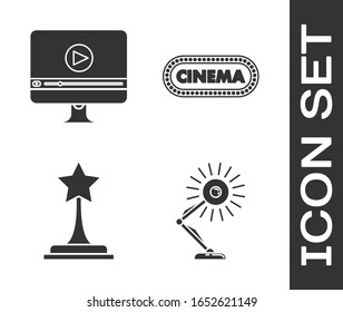 Set Table lamp , Online play video , Movie trophy  and Cinema poster design template  icon. Vector