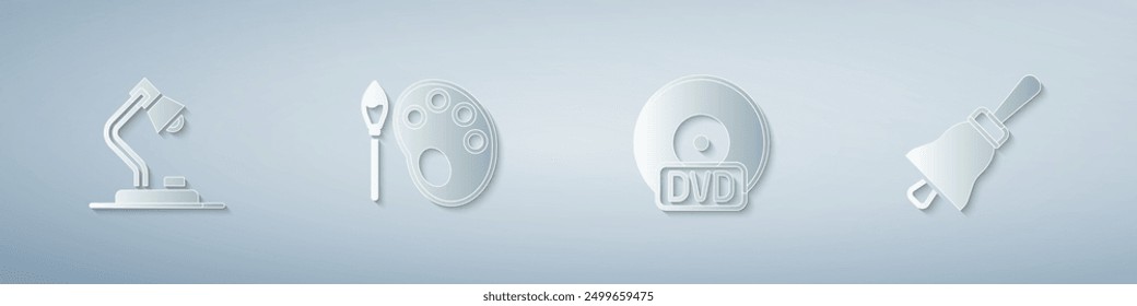 Set Table lamp, Paint brush with palette, CD or DVD disk and Ringing bell. Paper art style. Vector