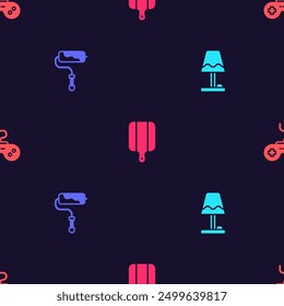 Set Table lamp, Paint roller brush, Cutting board and Gamepad on seamless pattern. Vector