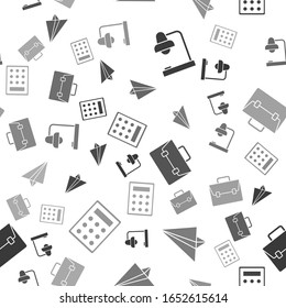 Set Table lamp, Paper airplane, Briefcase and Calculator on seamless pattern. Vector