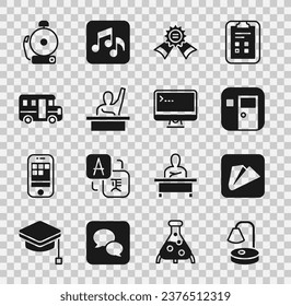Set Table lamp, Paper airplane, School classroom, Medal, Male kid raising hand, Bus, Ringing alarm bell and Computer monitor icon. Vector