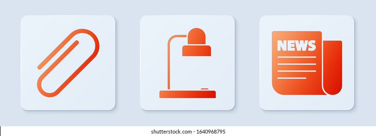 Set Table lamp, Paper clip and News. White square button. Vector