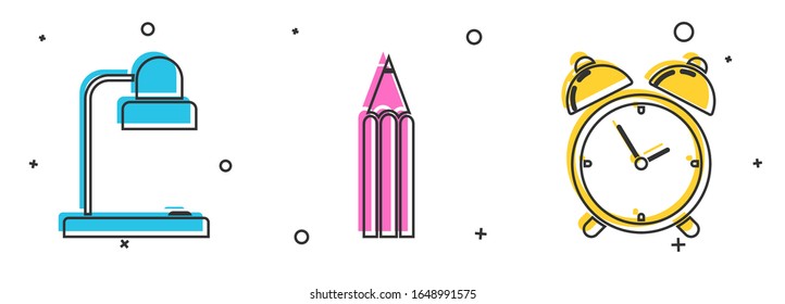 Ajuste la lámpara de mesa, el icono de reloj Lápiz y Alarma. Vector