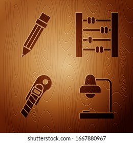 Set Table lamp, Pencil with eraser, Stationery knife and Abacus on wooden background. Vector
