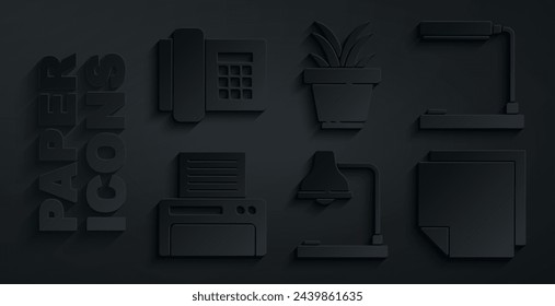 Set Table lamp, Printer, Post note stickers, Plant pot and Telephone icon. Vector