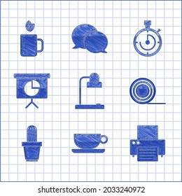 Set Table lamp, Printer, Scotch, Cactus and succulent pot, Presentation financial board with graph, schedule, chart, diagram, infographic, pie graph, Briefcase and Cup tea leaf icon. Vector