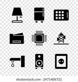Set Table lamp, Refrigerator, Graphic tablet, Water tap, Stereo speaker, Electrical outlet, Printer and Processor with microcircuits CPU icon. Vector