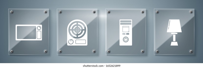 Set Table lamp , Remote control, Electric heater  and Microwave oven . Square glass panels. Vector