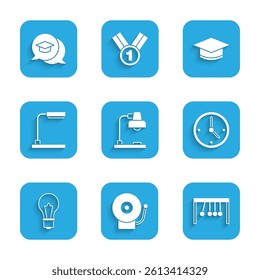 Set Table lamp, Ringing alarm bell, Pendulum, Clock, Light bulb with idea, Graduation cap and speech bubble icon. Vector