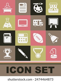 Set Table lamp, Ringing bell, Chalkboard, Paint brush with palette, Laptop, Test tube and flask, Schoolboy sitting at desk and Bus icon. Vector
