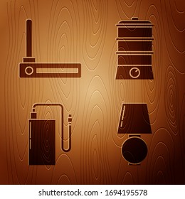 Set Table lamp , Router and wi-fi signal , Power bank with different charge cable  and Double boiler  on wooden background. Vector