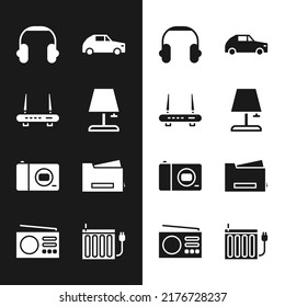 Set Table lamp, Router and wi-fi signal, Headphones, Car, Photo camera, Printer, Heating radiator and Radio icon. Vector