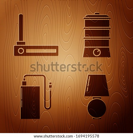 Set Table lamp , Router and wi-fi signal , Power bank with different charge cable  and Double boiler  on wooden background. Vector
