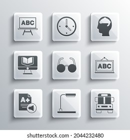 Set Table lamp, School Bus, Chalkboard, Glasses, Exam sheet with A plus grade, Online class,  and Human brain icon. Vector
