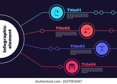 Set Table lamp, Shelf with books, Round table and Chair. Business infographic template. Vector