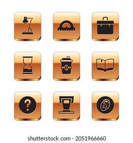 Set Table lamp, Speech bubbles with Question, Stage stand, Coffee cup to go, Old hourglass, Briefcase, Ear listen sound signal and Protractor grid icon. Vector