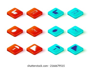 Set Table lamp, Staircase, Mirror, Wooden table with chair, Bathroom rack shelves for towels and Armchair icon. Vector