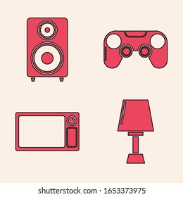 Set Table lamp , Stereo speaker , Gamepad  and Microwave oven  icon. Vector