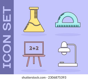 Set Table lamp, Test tube and flask chemical laboratory, Chalkboard and Protractor grid for measuring degrees icon. Vector