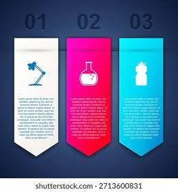 Set Table lamp, Test tube and flask and Sport bottle with water. Business infographic template. Vector