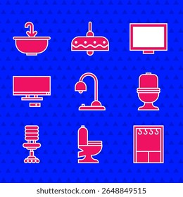 Set Table lamp, Toilet bowl, Wardrobe, Office chair, Smart Tv, Picture frame on table and Washbasin with water tap icon. Vector
