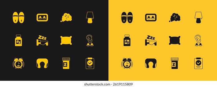 Set Table lamp, Travel neck pillow, Pillow, Sleeping, Time to sleep, Sleepy, Slippers and Earplugs with storage box icon. Vector