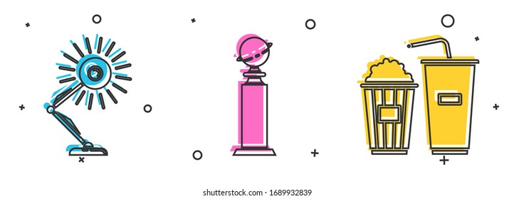Set Tischlampe , Trophy Golden Globe und Popcorn und Limonade Glas Symbol. Vektorillustration