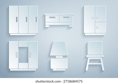 Set Lámpara de mesa, Armario, Silla, Cómoda e icono. Vector